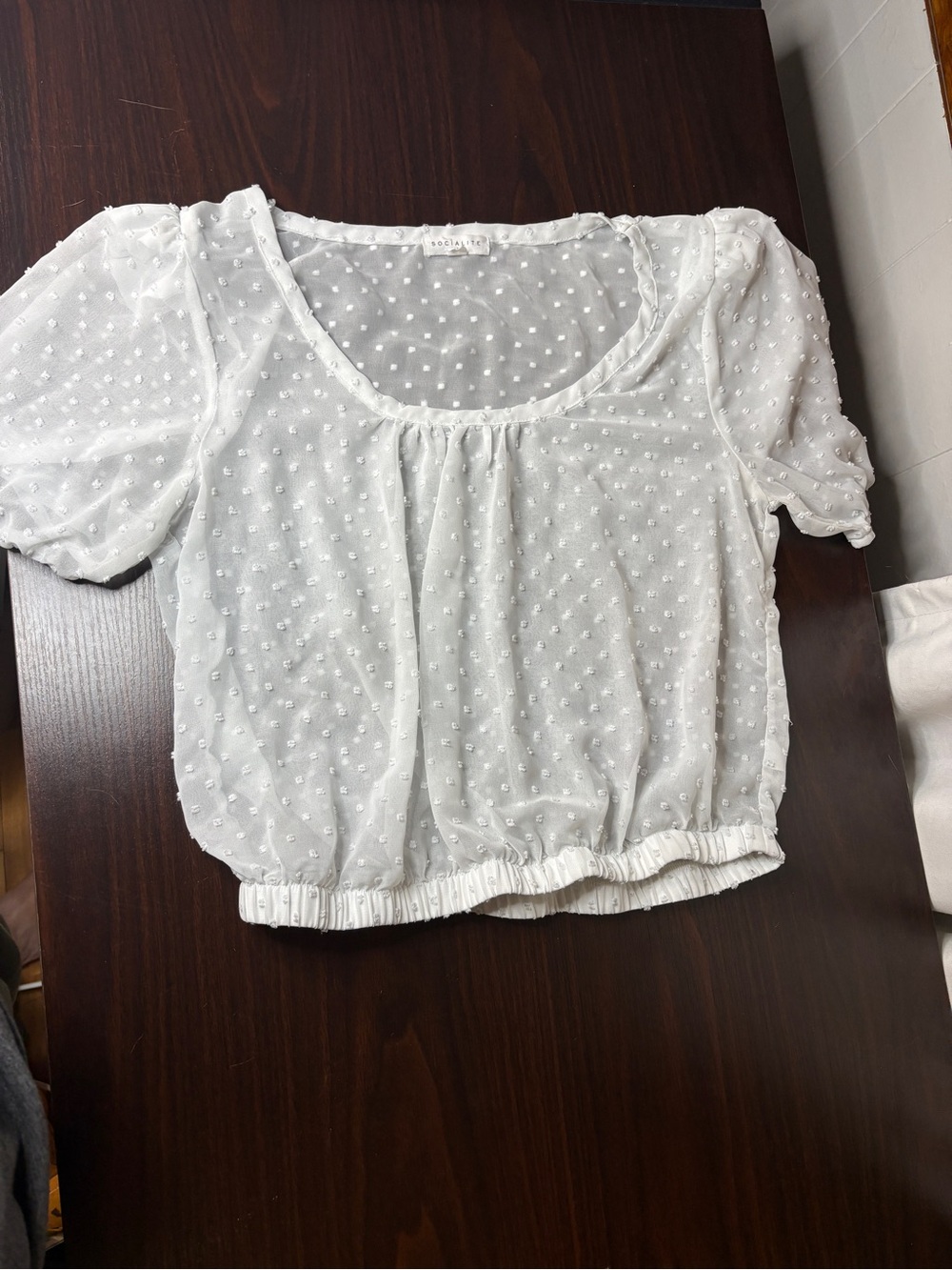Socialite White Swiss Dot Puff Sleeve Cottagecore Blouse Size L
